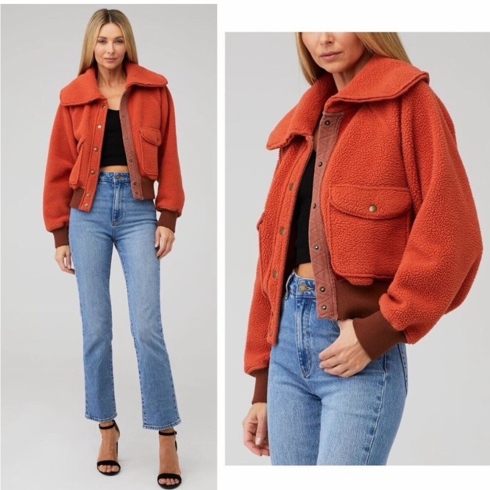 FREE PEOPLE Shasta Cardi Bomber Jacket Snap Closure Sherpa Orange XS